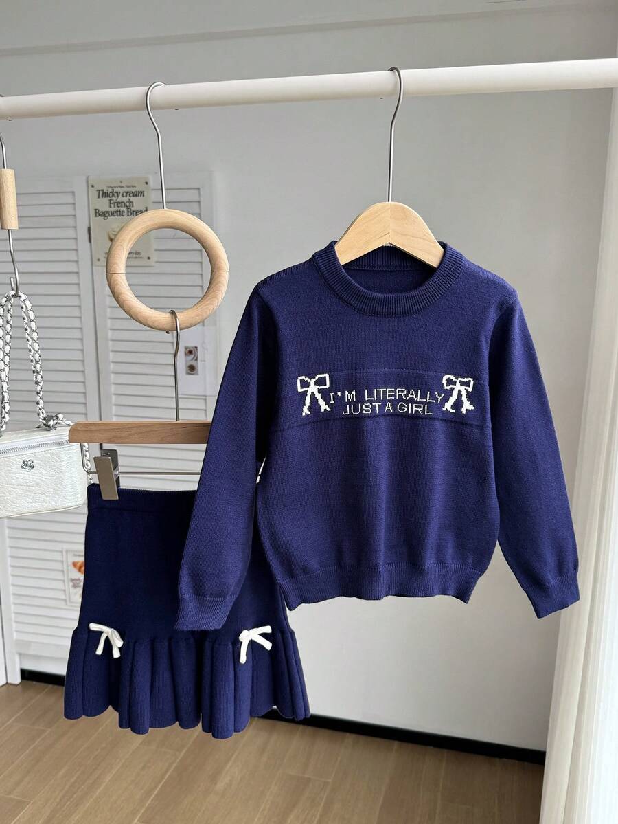 SHEIN Young Girl Slogan & Bow Decor Long Sleeve Sweater And Knit Mini Skirt Casual Set, Autumn/Winter - Blue - View 1