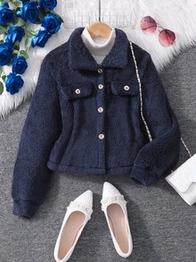 青少年女孩纯色长袖仿毛领夹克 - 藏蓝色 - 查看 8