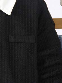 SHEIN 4-7 岁男童两件套服装，采用纹理针织圆领运动衫和仿口袋牛仔裤，休闲简约设计，适合上学、旅行、节日派对和日常穿着 - 黑色 - 查看 5