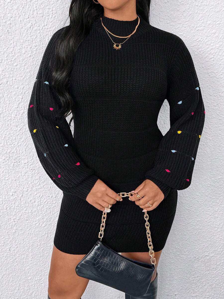 EMERY ROSE Damen Farbblock strukturiertes Rollkragen Lässig bequemes Pulloverkleid, Herbst/Winter - Schwarz - Übersicht 1