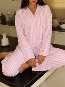 Lowkey Lull 渐变粉色条纹舒适休闲柔软时尚秋季轻松舒适秋季睡衣 INS 休闲 Y2K 翻领纽扣长袖上衣和裤子女士睡衣套装粉色睡衣两件套，秋冬服装 - 玫紅色 - 查看 6