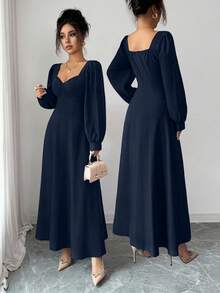 Elenzga 女士优雅方领泡泡袖束腰长裙，适合日常通勤 - 藏蓝色 - 查看 3