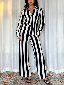 SHEIN Tall 女士优雅通勤休闲黑白条纹两件套长袖套装 - 黑與白 - 查看 3