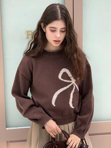 Dazy Kids 少女圆领落肩长袖休闲蝴蝶结提花宽松套头毛衣 - 棕色 - 查看 2