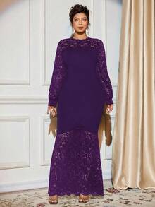 Cravure Women's Plus Size Knitted Elegant Wrap Bodycon Dress Sleeves Spliced Lace Lantern Sleeves Hem Spliced Triangle Lace Evening Dress Lace Dress Bodycon Dress - Purple - View 4