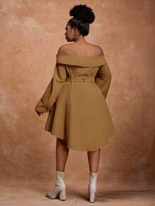 Slaydiva Robe asymétrique à épaules dénudées et double boutonnage pour femmes grandes tailles, couleur unie, robe kaki d'automne pour femmes, robe marron café, robe marron élégante pour femmes - Marron - Voir 3