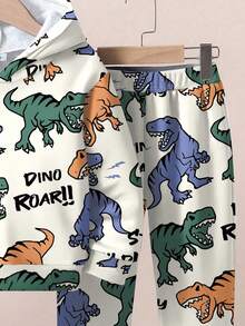 SHEIN 2 件套男童休闲宽松恐龙印花连帽衫和裤子套装，适合秋冬季