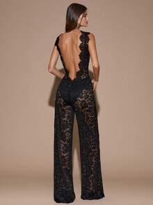 SHEIN BAE Autumn/Winter Women's Solid Black Sexy Sheer Lace Backless Jumpsuit, Elegant Going Out Outfit For Daily, Date, Party, Asymmetric Leg Wide Leg Jumpsuit, Valentine's Day Jumpsuit, Everyday Jumpsuit, Graceful Jumpsuit, Autumn Lace Jumpsuit, Halloween, Christmas - Black - View 1
