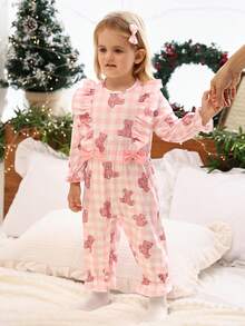 SHEIN Set de 2 piezas Mono con volantes y estampado floral + Mono vestido con decoración de lazo lindo para bebé niña, conjunto combinado - Multicolor - Ver 4