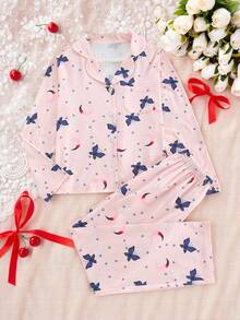 Girls Pink Butterfly Print Pajamas Set,Casual 2 Pieces Outfit,Autumn Winter Lounge Clothings,Tween Pullover For Spring,Best Christmas Gift For Family - Multicolor - View 2