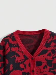 ROMWE Goth 加大码女式哥特式深色骷髅提花针织开衫 - 酒紅色 - 查看 3