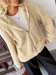 Chiquease 2025 Autumn & Winter New Arrival Women's Fleece Coat - Thickened Warm Hooded Design (With Adjustable Drawstring + Smooth Zipper Closure), Skin-Friendly Fleece Texture That Doesn't Shed, Versatile Outerwear For Office/Daily/Casual Occasions - Apricot - View 3