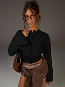 Athîral 女式时尚百搭纯色束腰喇叭袖开衫 - 黑色 - 查看 5