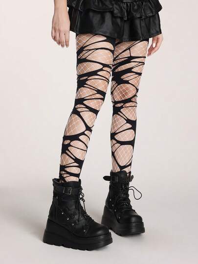 Grunge Punk 1 Paar minimalistische Fischernetzstrumpfhosen + 1 Paar zerrissene schwarze Strumpfhosen, Y2K-Stil Strumpfhosen Stapel-Kombination, vielseitig einsetzbare durchsichtige sexy elastische Strumpfhosen für den Alltag