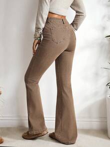 EMERY ROSE 纯色紧身喇叭腿休闲牛仔裤 - 咖啡棕 - 查看 2
