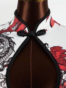 Mistrie 女士中国龙印花纽扣镂空短袖修身连衣裙 - 紅白色 - 查看 4