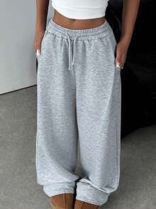SHEIN Teen Girl Knitted Loose Casual Drawstring Pocket Wide Leg Sweatpants, Light Gray Comfy Pants Grey Sweat Pants Cute Sweat Pants