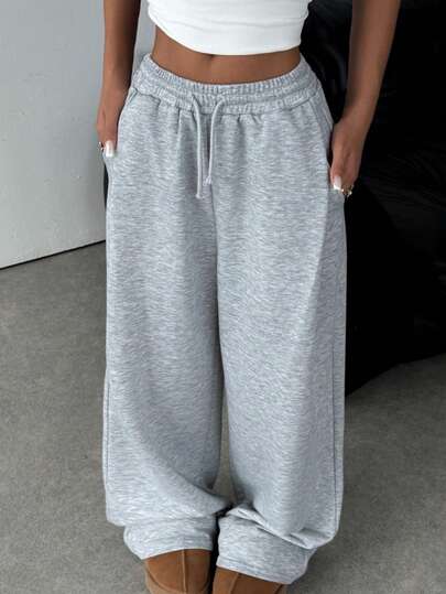 SHEIN Teen Girl Knitted Loose Casual Drawstring Pocket Wide Leg Sweatpants, Light Gray Comfy Pants Grey Sweat Pants Cute Sweat Pants