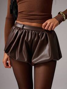 Avenya 皮革花蕾形迷你裙短裤 - 紫紅色 - 查看 2