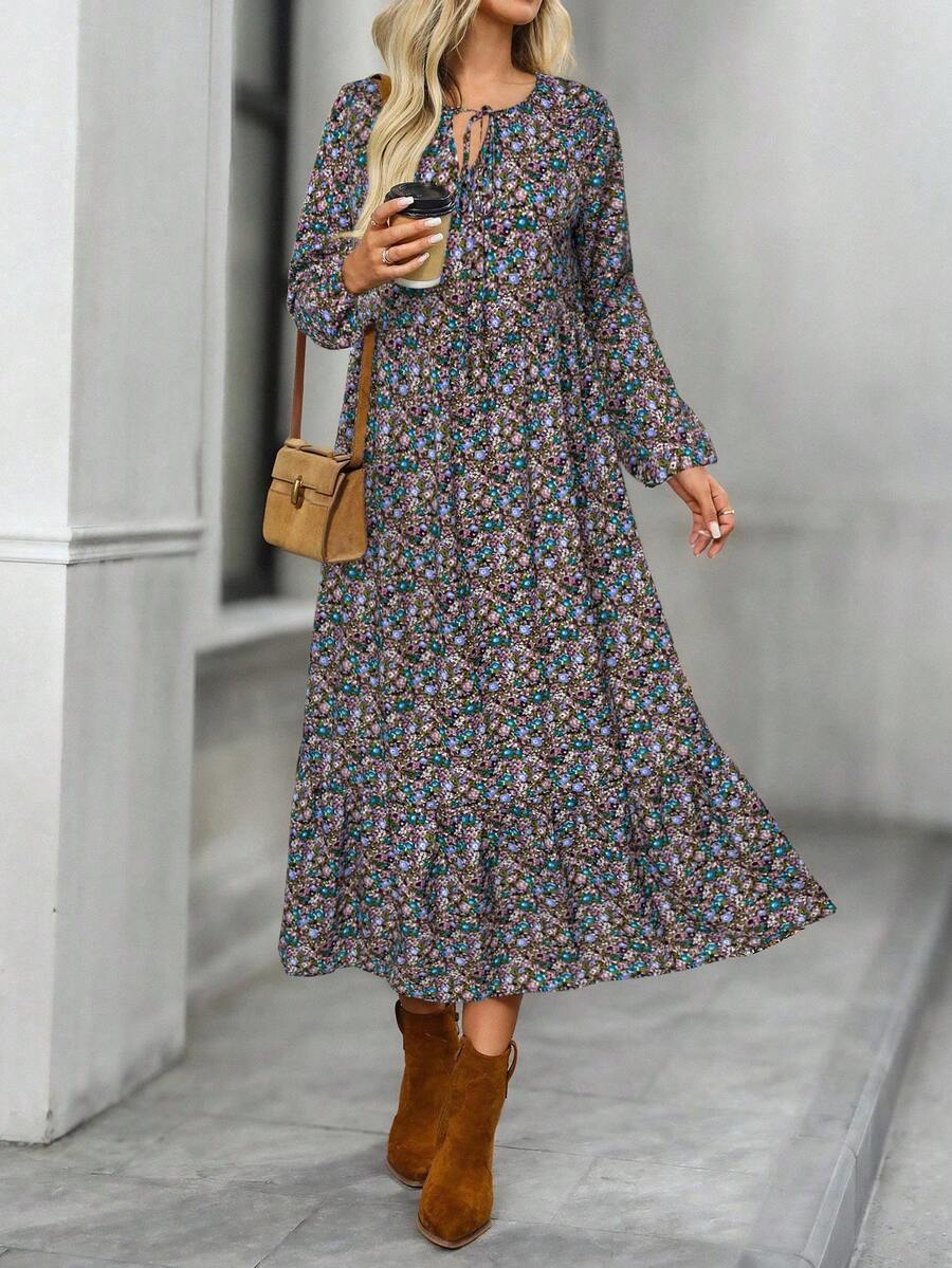 EMERY ROSE Women's Ditsy Floral Drawstring Lantern Sleeve Loose Casual Dress