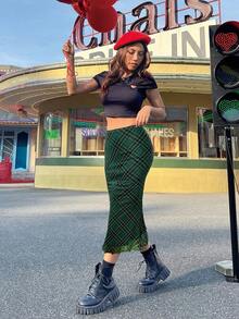 SHEIN EZwear 绿色格子网眼印花迷你裙 - 綠色 - 查看 4