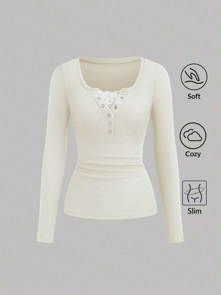 Sweetra 女式纯色长袖T恤，蕾丝孔眼装饰，半开袖口，秋季 - 奶油色 - 查看 1