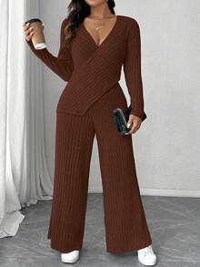 Elenzga 加大码柔软针织罗纹面料交叉长袖T恤+柔软罗纹阔腿裤休闲家居服两件套 - 咖啡棕 - 查看 7