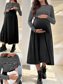 SHEIN 条纹纯色拼布长袖哺乳连衣裙 - 黑色 - 查看 3