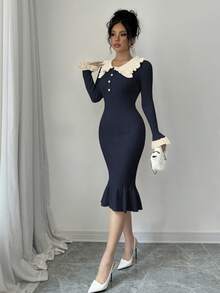 SHEIN Clasi Black & White Contrast Ruffle Hem Knit Dress - Navy Blue - View 6