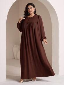 Veilorie Große Größen Damen Einfarbiges Einreihiges Kleid mit Rundhalsausschnitt, Ballonärmeln und weiter arabischer Silhouette