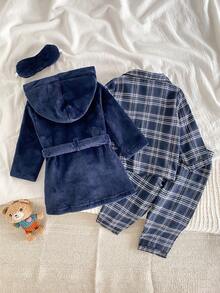 SHEIN 4pcs Baby Boy Plaid Shirt, Pants And Flannel Robe With Eye Mask Sleepwear Set Baby Boys Outfit Baby Boy Pajamas Baby Boy Flannel Baby Boy Winter Sets Baby Boy Bathrobe - Multicolor - View 2