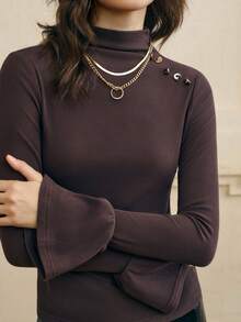 INAWLY Áo len dệt kim tay dài màu trơn cổ đứng cài nút cổ điển tay loe - màu nâu - Xem 1