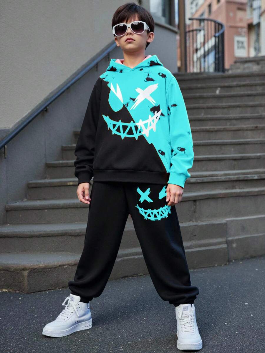 SHEIN 2pcs Tween Boy Casual Street Chic Tie-Dye Graffiti Graphic Round Neck Short Sleeve T-Shirt And Pants Set, Suitable For Commuting, School, Daily Casual, Sports, Street Style, Spring/Summer - Blue - View 1