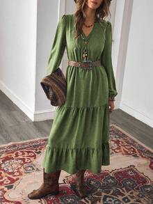 EMERY ROSE Damska jesienna sukienka w stylu boho, casualowa, w stylu wakacyjnym, w kolorze rdzawobrązowym, z dekoltem w serek i długim rękawem, w patchworkowym stylu - Wojskowa Zieleń - Zobacz 6