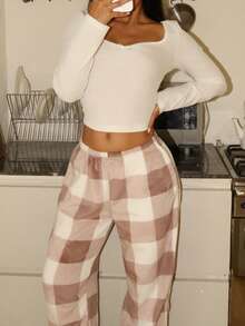 Lowkey Lull 低调慵懒格子法兰绒舒适休闲柔软时尚秋季轻松舒适秋季睡衣 INS 休闲 Y2K 长袖上衣和裤子女士睡衣套装法兰绒裤子格子裤家居服女士，蓬松舒适的冬季服装 - 彩色 - 查看 5