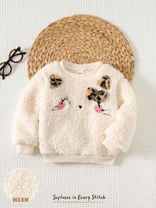 Cozy Pixies 女婴豹纹蝴蝶结猫咪刺绣毛绒圆领长袖套头卫衣 女婴冬季服装 女婴 - 杏色 - 查看 7