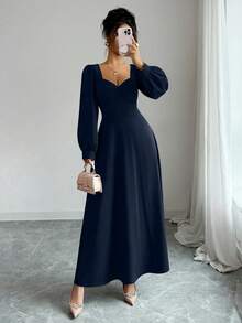 Elenzga 女士优雅方领泡泡袖束腰长裙，适合日常通勤 - 藏蓝色 - 查看 6