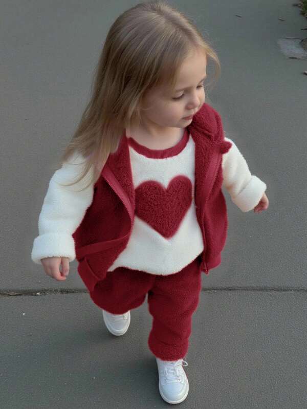 3 件套女婴服装套装：连帽羊毛夹克、心形印花撞色圆领毛衣和松紧腰裤