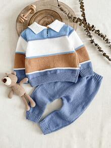 SHEIN 2件套幼儿男童条纹针织小熊刺绣可爱毛衣和裤子套装 - 藍白色 - 查看 2