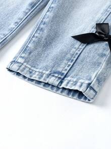 SHEIN Baby Girl Casual Distressed Bow Decor Washed Denim Jeans - Blue - View 5