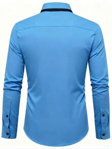Manfinity Mode 男士商务拼色胸前带设计长袖衬衫 - 藍色 - 查看 2