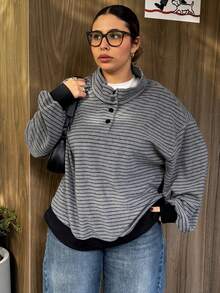Dazy Plus Plus Size Women Casual Striped Loose Contrast Color Splice Hem Half-Open Collar Long Sleeve T-Shirt, Spring/Autumn - Grey - View 5