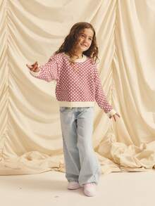 Suéter holgado de cuello redondo con ribete de contraste, informal para niña, otoño/invierno