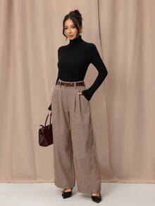 SHEIN PETITE 复古优雅女式修身格子直筒口袋裤，卡其色文艺复兴博览会旧钱商务休闲女装商务休闲女装工作服女装旧钱风格女装商务休闲女装教堂服装女装 - 棕色 - 查看 7