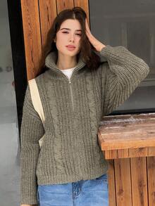DAZY Teen Girl Solid Color Half Zip Turtleneck Long Sleeve Pullover Sweater, Autumn/Winter - Green - View 4