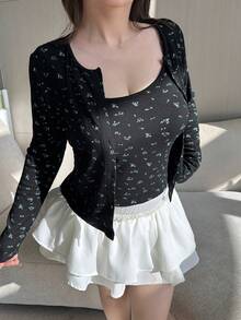 Dazy Plus 2 件大码女式碎花吊带背心和开衫套装，春秋 - 黑色 - 查看 9