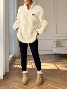 SHEIN EZwear 2 Stücke Sportlicher, minimalistischer Stil Abzeichen Reißverschluss Woll-Mischung Kapuzenpullover & Leggings Set für Damen, geeignet für Herbst/Winter - Aprikosenfarben - Übersicht 4