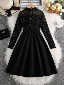 Sparklyn 女童公主风网眼黑色连衣裙，时尚优雅 - 黑色 - 查看 2