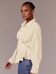 Athîral Women's Line Print Minimalist Everyday Waist Cinched Long Sleeve Shirt