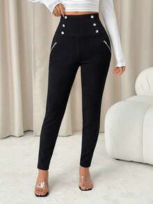 SHEIN PETITE High Waist Button Detail Black Skinny Pants - Black - View 3